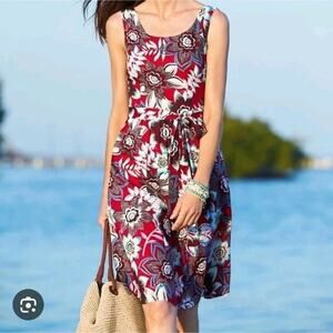 Talbots Red White Floral Sleeveless Fit & Flare Knee Length Dainty Dress Sz 14 P